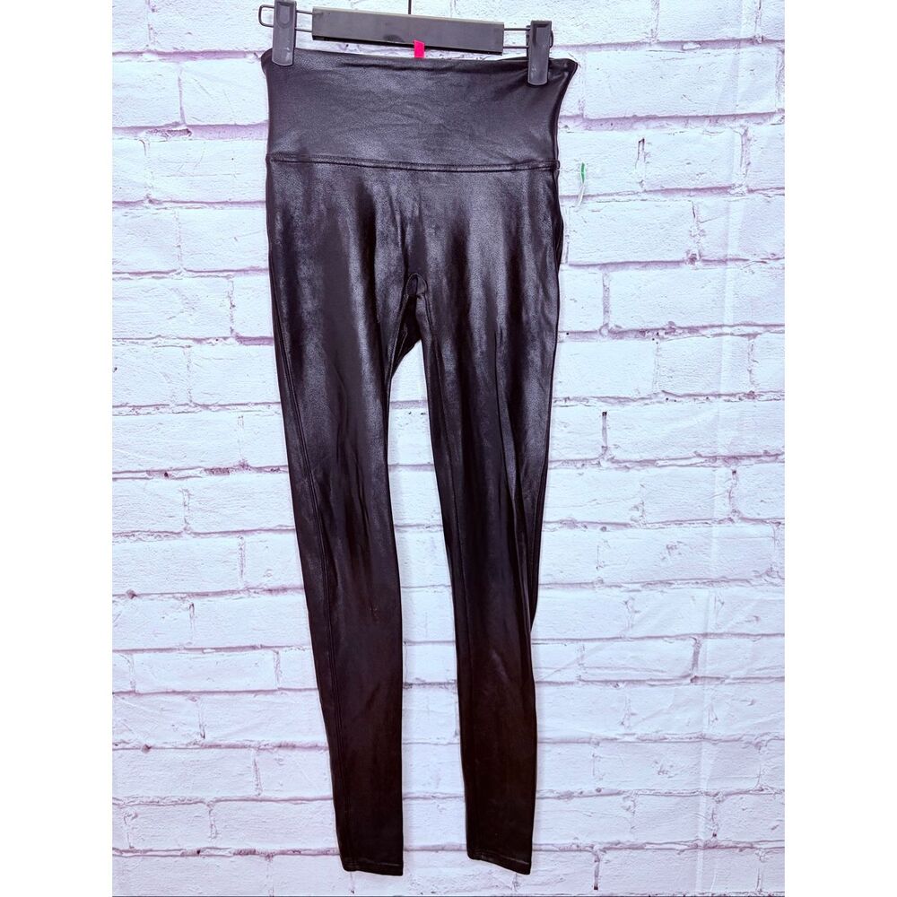 Spanx Womens Shiny Metallic Black High-Waisted Faux Leather Leggings Size Small